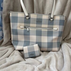 Coach Gray & Cream Checkered gallery Tote Bag with Matching Wallet
